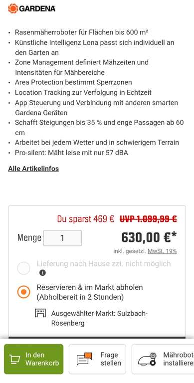 [TPG Bauhaus bei Abholung/Bestellung im Markt] Gardena Rasenmähroboter Sileno Smart 600 für 572 Euro
