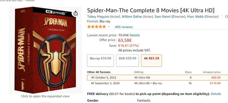 [Amazon.fr] Spider-Man - 8 Filme - Teil 1 bis 3, Amazing Spiderman usw 4K Bluray Boxset inkl. deutschen Ton