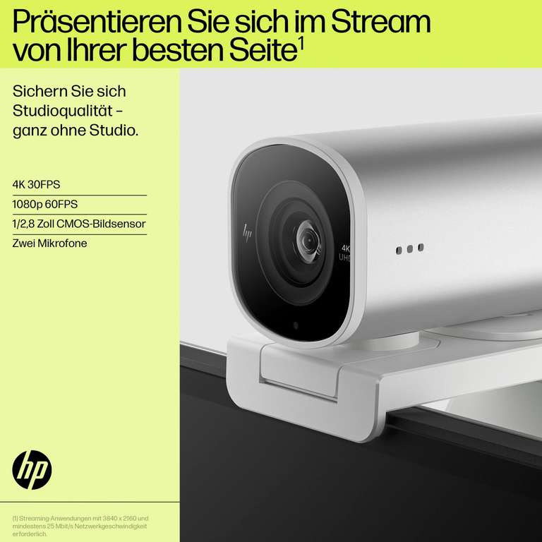 HP 960 4K Streaming Webcam (60 FPS, 100° Sichtfeld, 360° schwenkbar, KI unterstützt, 2 Dual-Mikrofone)