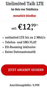 O2 Netz, Sim Only: Allnet/SMS Flat Datenflat bis 2Mbit/s für dauerhaft 12,99€/Monat, monatlich kündbar, Anschlussgebühr 9,99€