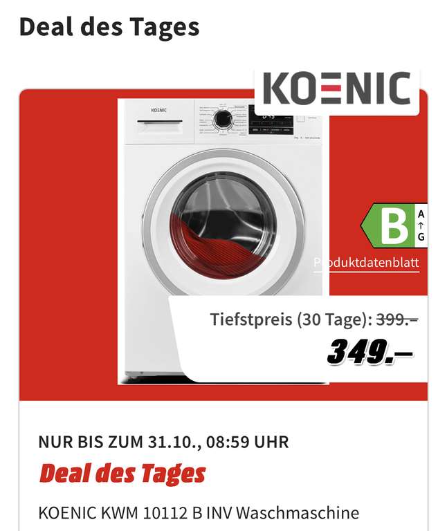 [MediaMarkt] KOENIC KWM 10112 B INV Waschmaschine (10 kg, 1500 U/Min., B)