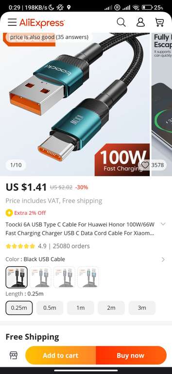 USB C Ladekabel 0.25m für 39 Cent inkl. Versand
