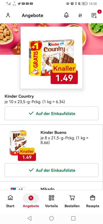 Verschiedene Kinder-Produkte für 1,49 € Kinder Riegel, Cards, Bueno, Kinder Country, Kinder Happy Hippo