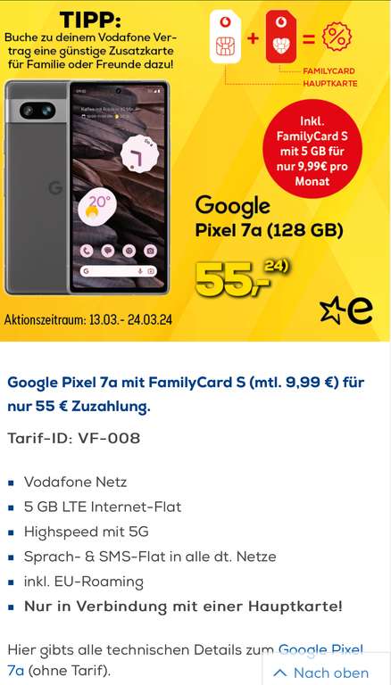 Euronics Bundesweit Handyverträge Google Pixel 7a Vodafone FamilyCard S (mtl. 9,99 €) 55 € Zuzahlung und Telekom/Congstar Angebote