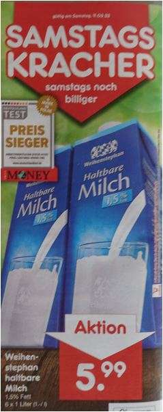 (lokal?) Weihenstephan Milch (1,5%), 6 x 1 Liter für 5,99 Euro [Netto MD Samstag 11.03.]