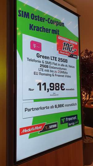 [Telekom Netz, nur SIM, eff. 7,81€/Monat] Freenet Green LTE 25 Allnet-Flat mit 100 € Mediamarkt-Geschenkcoupon