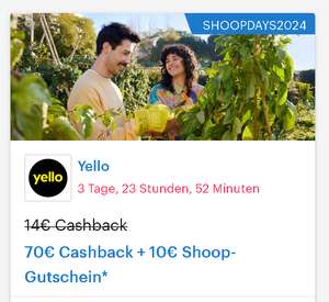 [Yello + Shoop] 70€ Cashback + 10€ Shoop-Gutschein auf Abschluss von Autostrom, Strom/Gas/Wärmestrom oder Tarife mit Wunschgerät, Neukunden