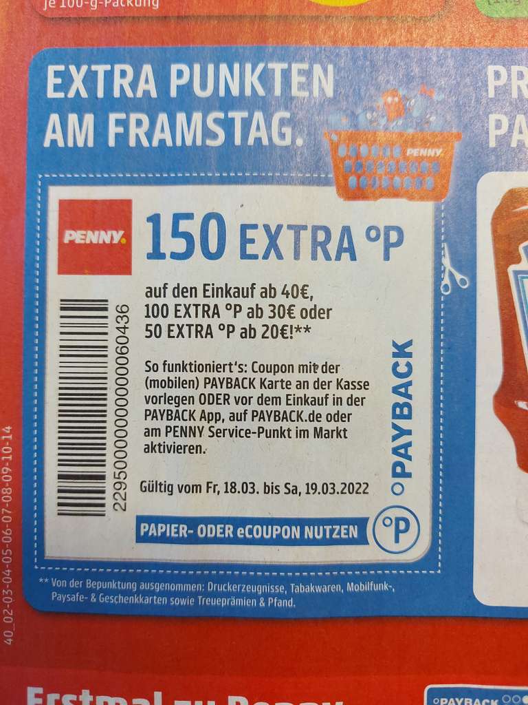 [Penny + Payback] bis zu 150 Extra Punkte am Framstag