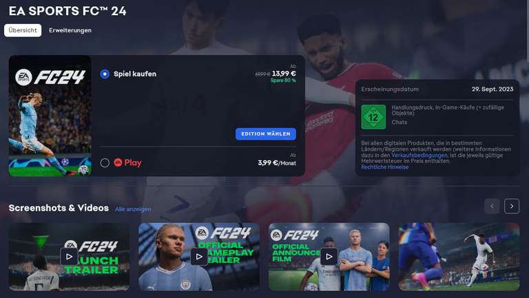 [PC]EA SPORTS FC24 bei Steam oder EA für 13,99€ oder Ultimate Edition für 39,99€