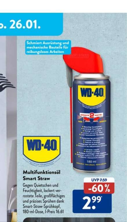 WD-40 Multifunktionsöl Smart Straw 180ml (Gewebereparaturband 2,79€), Aldi Süd