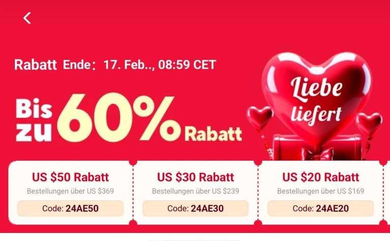 [AliExpress] Valentinstag Coupons: 3€/29€ 8€/69€ 9$/79$ Rabatt/MBW Love Delivers