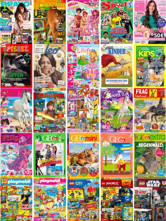 35 Kinderzeitschriften Abos mit bis zu 47% Rabatt oder hohe Prämie - LEGO + GEOLino + Bravo Hefte, Playmobil, Zeit Leo, Bibi & Tina,