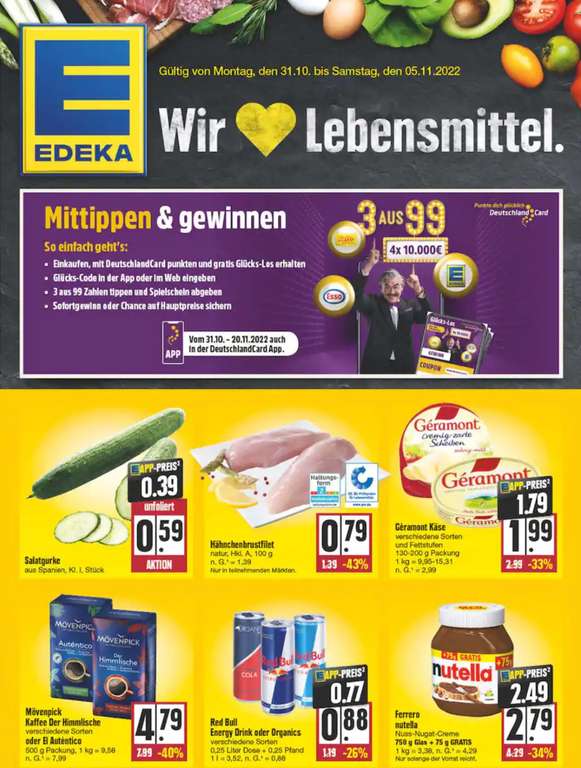 [LOKAL Würzburg evtl. Bundesweit] Nutella 825g für 2,49€ (Preis pro Kilo = 3,38€) über die EDEKA App