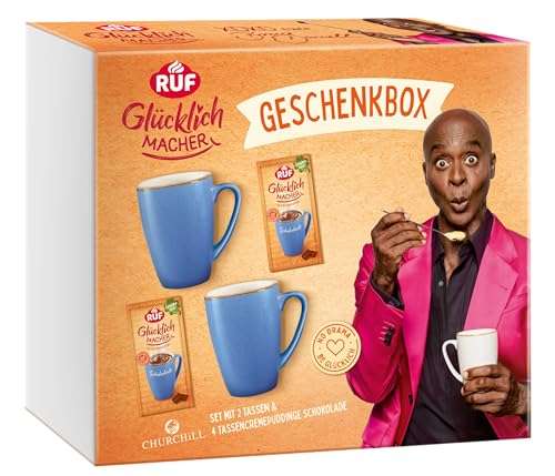 RUF Glücklichmacher Geschenkbox, 2 blaue Tassen & 4 Schokolade Creme-Puddinge, Geschenk-Set, schnelles Dessert