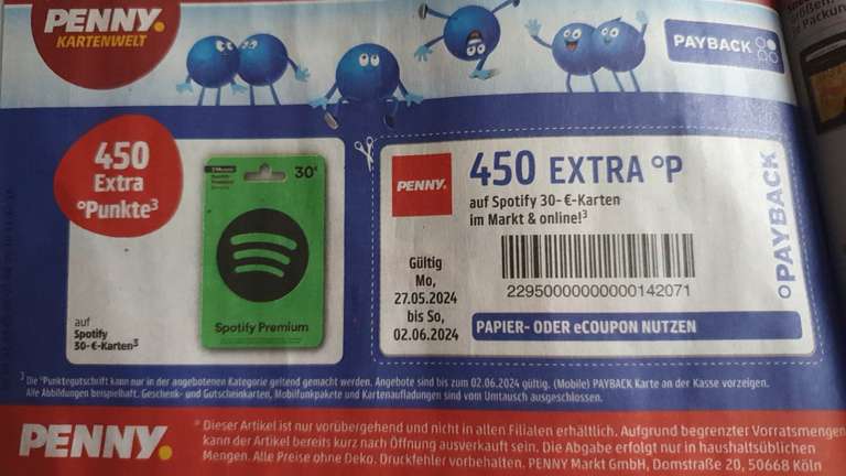 450 Extra Punkte auf Spotify 30€ Karten .Penny On und Offline.