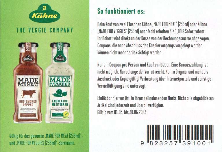 1,00€ Coupon für den Kauf von 2x Kühne 'Made For' Saucen 235 ml bis 30.06.2023