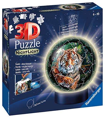 Ravensburger 3D Puzzle - Nachtlicht Puzzle-Ball Raubkatzen 72 Teile, ab 6 Jahren, LED Nachttischlampe mit Klatsch-Mechanismus (Amazon Prime)