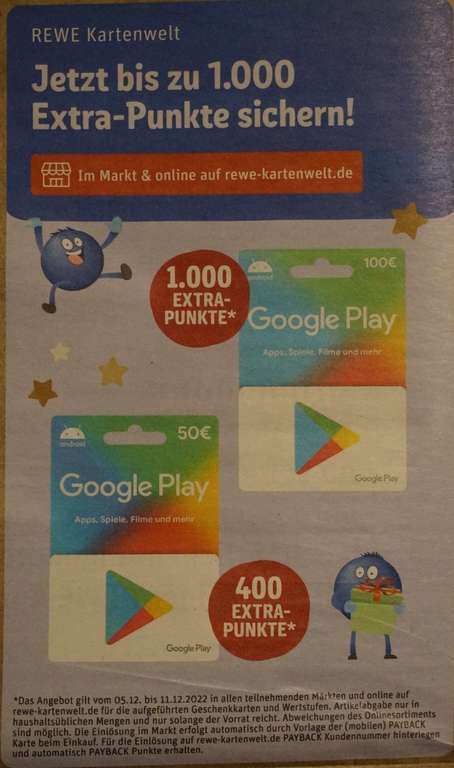 [REWE Kartenwelt]: Payback Google Play 1000 Punkte für 100€ / 400 Punkte für 50€ ab MO 05.12. bis SO 11.12.2022
