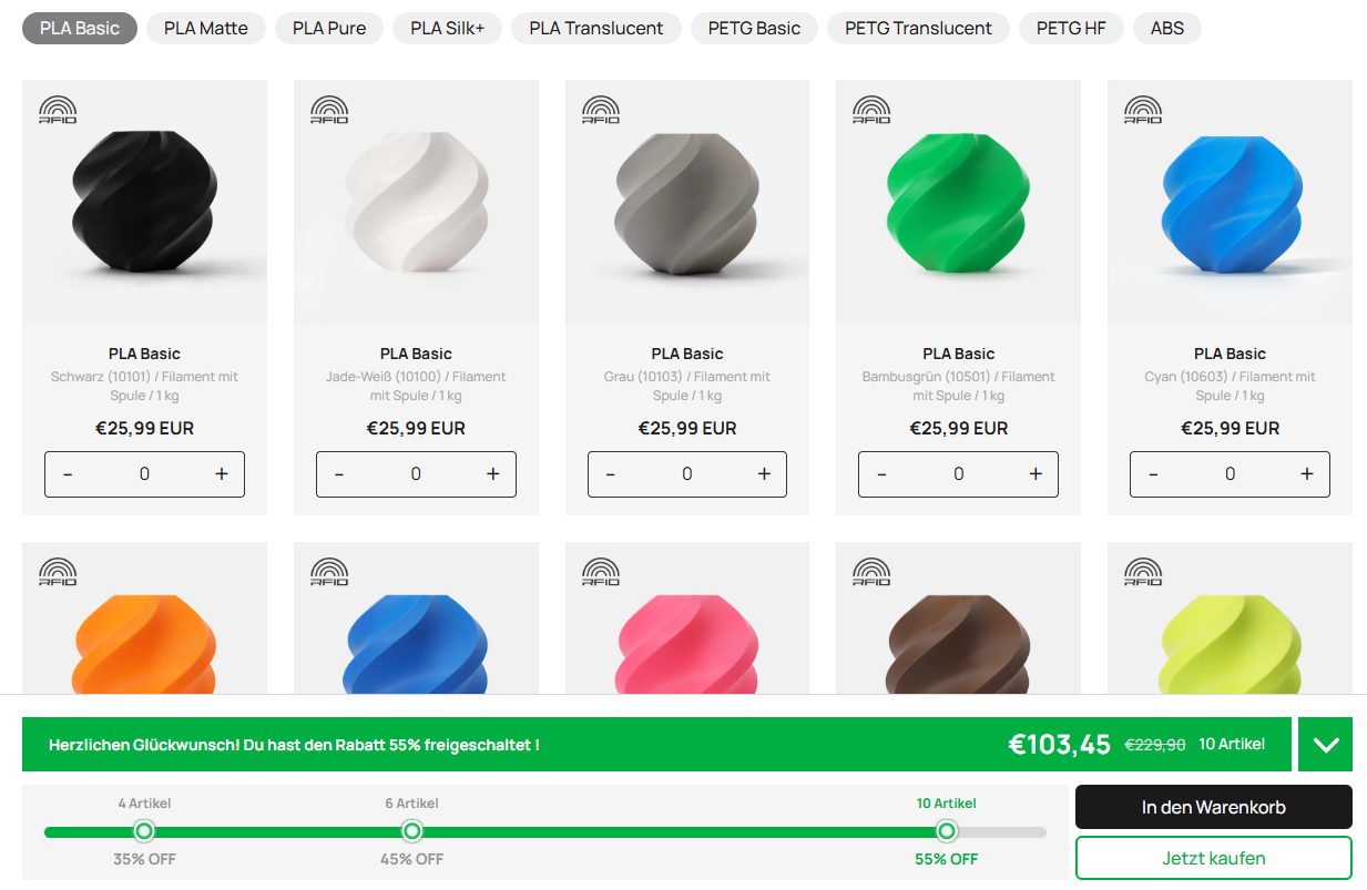 Bambu Lab Anniversary Filament Sale - Mengenrabatt ab 10,35 pro Rolle bzw PLA Pure für 11,20