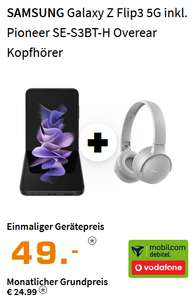 Telekom/Vodafone Netz: Samsung Galaxy Flip 3 256GB + Pioneer SE-S3BT-H im Allnet 10GB Vertrag für 24,99€/Monat (0,37€ nach Ankauf), 99€ ZZG
