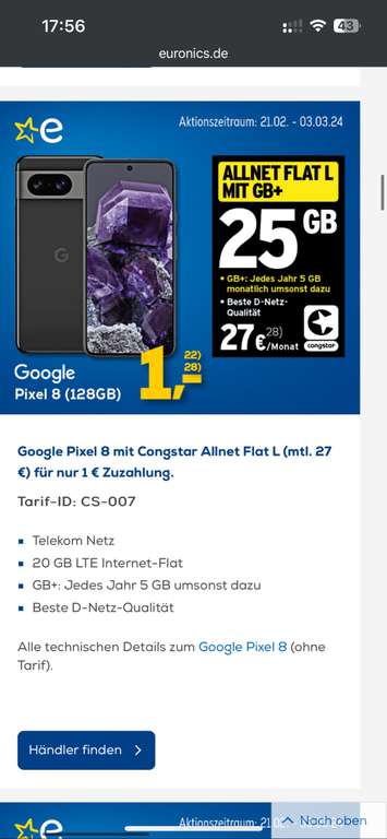 Euronics offline Google Pixel 8 mit 128 GB Congstar Allnet Flat L (mtl. 27 €) für nur 1 € Zuzahlung.