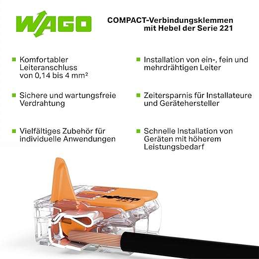 [Hornbach TPG] WAGO Verbindungs-Klemmen 221-412 | 2-polig 0,20€/Stück; bis 4 mm², 100 Stück, COMPACT Kabelverbinder mit Hebel