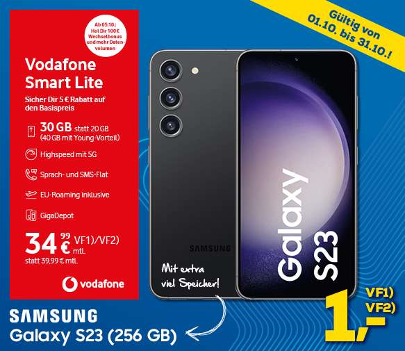 Lokal, Vodafone Netz, GigaKombi: Samsung Galaxy S23 256GB (!) im Allnet/SMS Flat 45GB 5G 29,99€/Monat, 1€ Zuzahlung, 100€ Wechselbonus