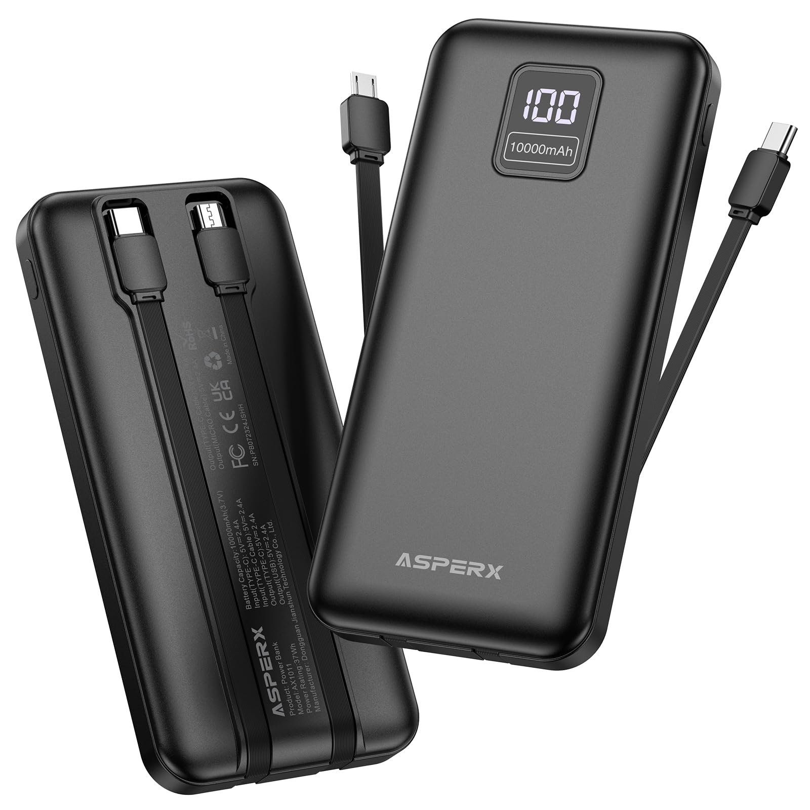 AsperX Powerbank, 2 Stück, 10.000 mAh, mit USB-C-Kabel und Schnellladefunktion
