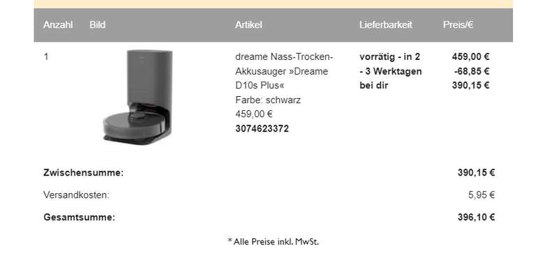 Dreame D10s Plus 396,10€ (mit shoop 3% 384,22€)