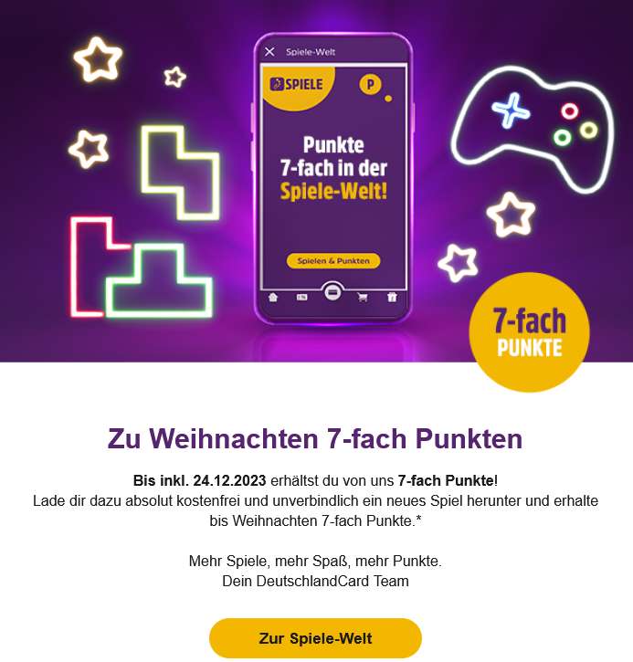 Deutschlandcard App 7-fach punkten in der Spiele-Welt bis 24.12.