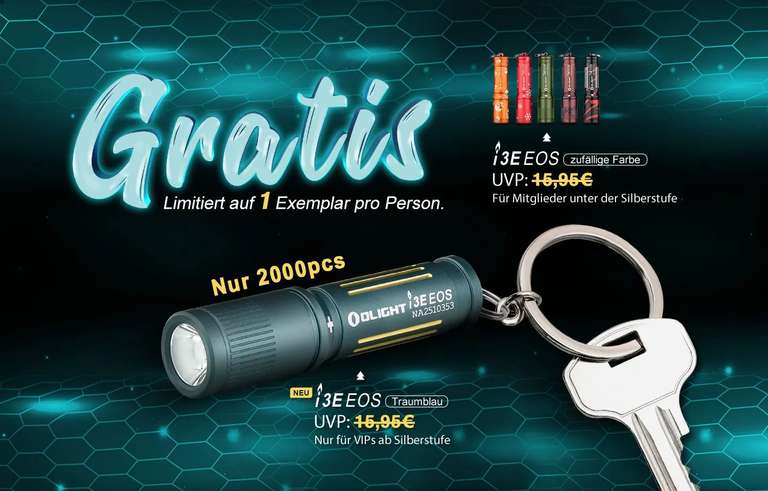 Olight Jubiläum: i3E EOS Taschenlampe für 0€ + 5,95€ VSK | weitere gestaffelte Geschenke & Angebote | 20%-Gutschein