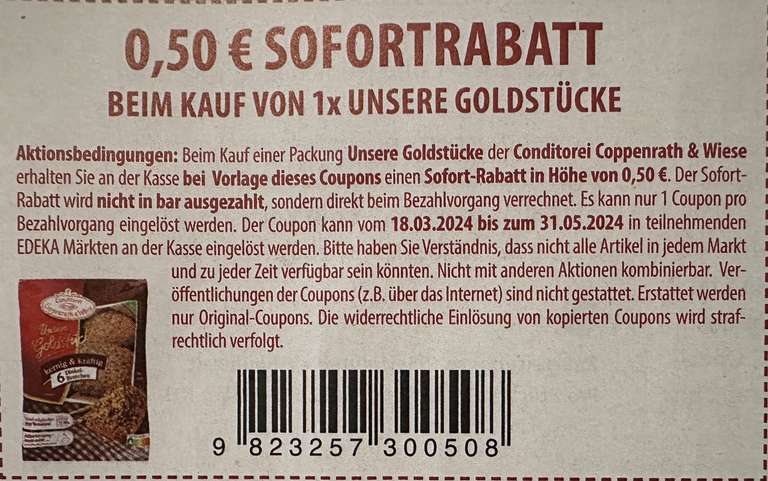 Edeka Coppenrath & Wiese 0,50€ Rabatt Coupon unsere Goldstücke