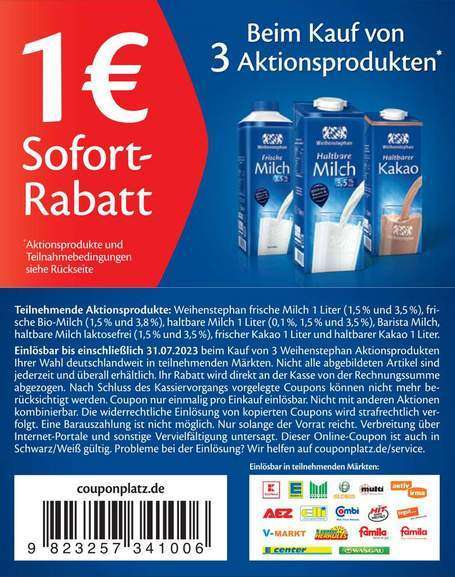 [Edeka App] 3x Weihenstephan Haltbare Milch 3,5%/1,5% für effektiv 0,76€ pro 1l-Packung (Angebot + Coupon)