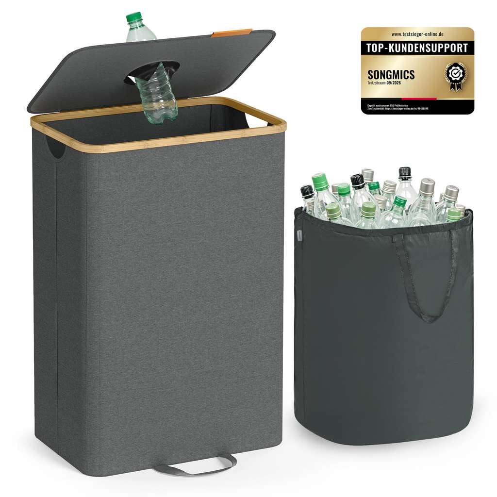 SONGMICS Pfandflaschen-Sammelbehälter 95 L – Deckel Einwurf, Innensack, 600D Grau – bei Amazon