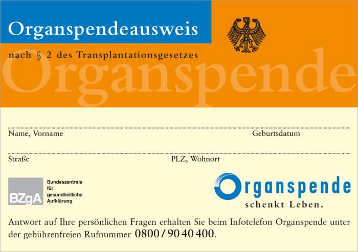 [BZgA] Organspendeausweise als Plastikkarte kostenlos bestellen / auch Druck (1 Stk) möglich / Antworten auf Fragen (Broschüre)