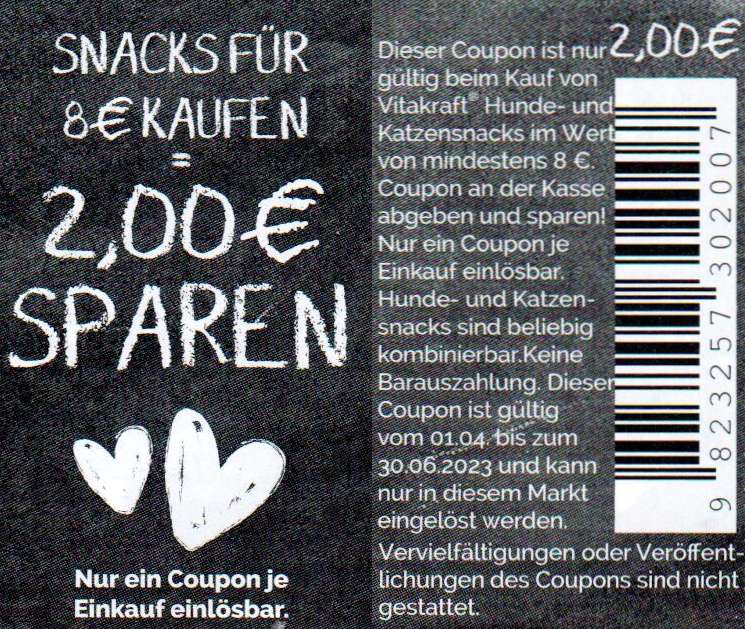1,00€/1,50€/2,00€ Vitakraft Coupons für Katzen- & Hundesnacks ab 4€/6€/8€ bis 30.06.2023