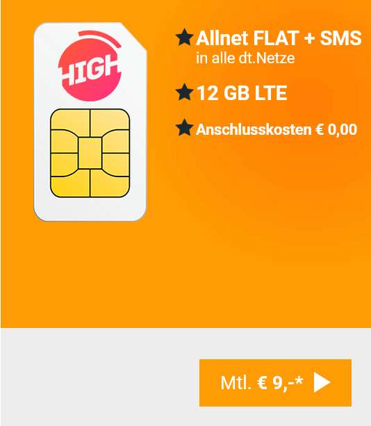 Telekom Netz, Sim Only: High Mobile Allnet/SMS Flat 12GB LTE für 8,99€/Monat, keine Anschlussgebühr