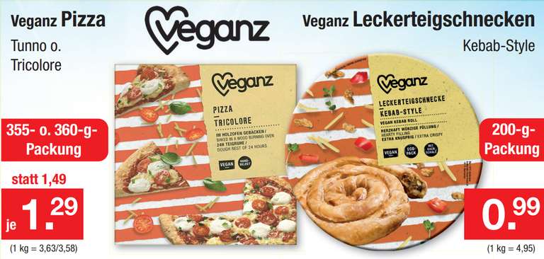 [ZIMMERMANN] Veganz Pizza Tunno oder Tricolore 355-360g für 1,29€ // Leckerteigschnecken Apfel-Zimt oder Kebab Style 200g für 0,99€