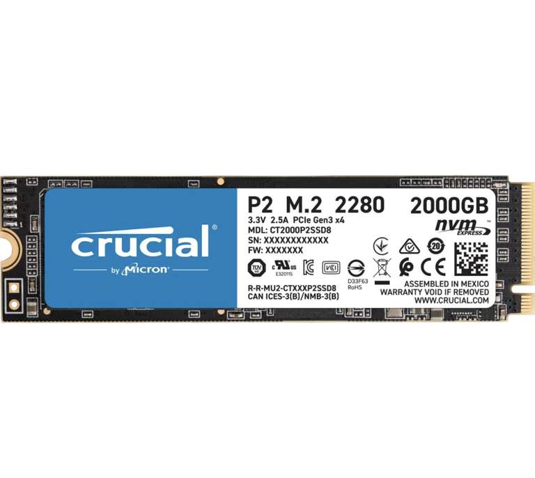 [PRIME] Crucial P2 CT2000P2SSD8 2TB SSD, Bis zu 2400MB/s (3D NAND, NVMe, PCIe 3.0, M.2)