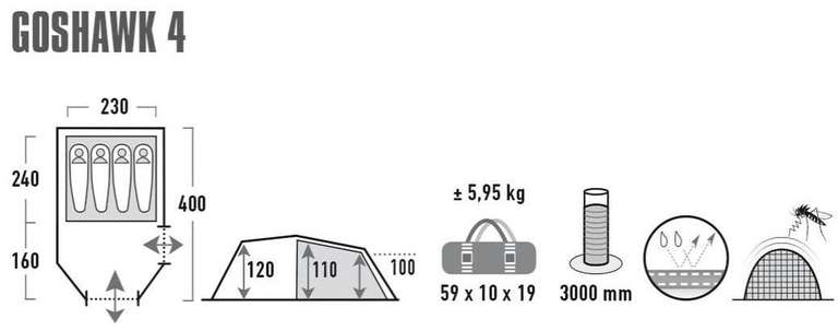 High Peak Tunnelzelt Goshawk 4, Doppeldachzelt für 4 Personen (3.000 mm Wassersäule, 120x230x400cm)