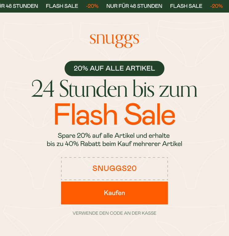 snuggs - Flash Sale: 20 % auf alle Artikel (Perioden-Unterwäsche - u. a. Brazilian, Briefs oder High Waist)