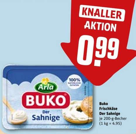 Rewe | Arla Buko Frischkäse verschiedene Sorten (200g) für 0,49 € je Becher durch Coupon