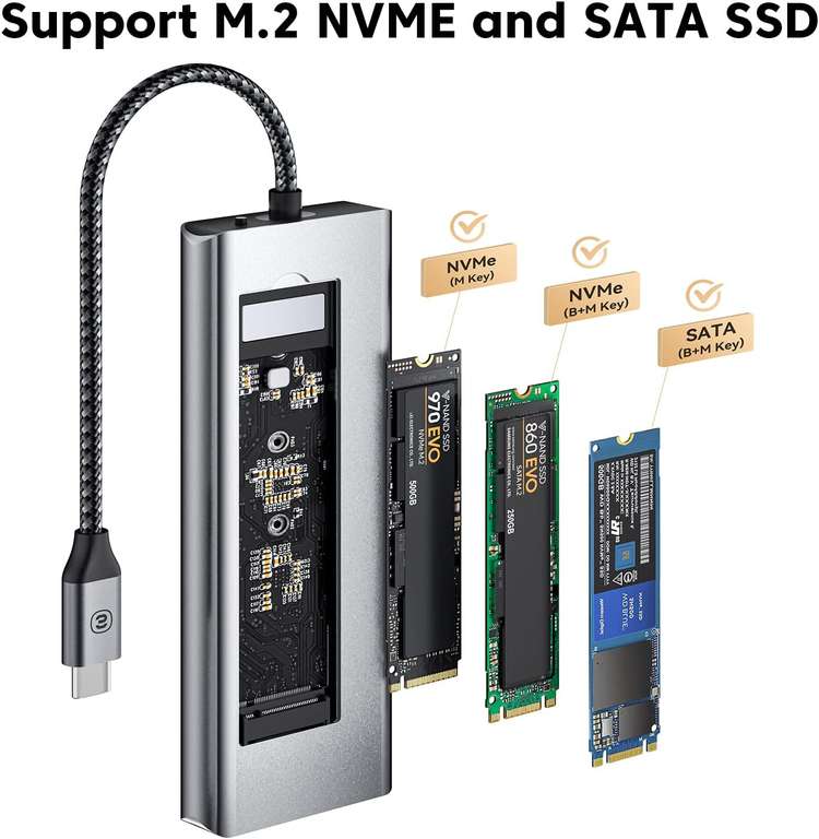 Essager 8-in-1 USB-C-Hub mit SSD-Slot (USB-C 100W PD, USB-C 10Gbit/s, USB-A 2.0, HDMI 1.4, SD, microSD, M.2 2280 NVMe oder SATA)