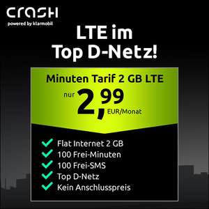 [Vodafone-Netz] 2 GB LTE Crash Tarif für mtl. 2,99€ + 0€ AG mit 100 Freiminuten & -SMS, VoLTE und WLAN Call