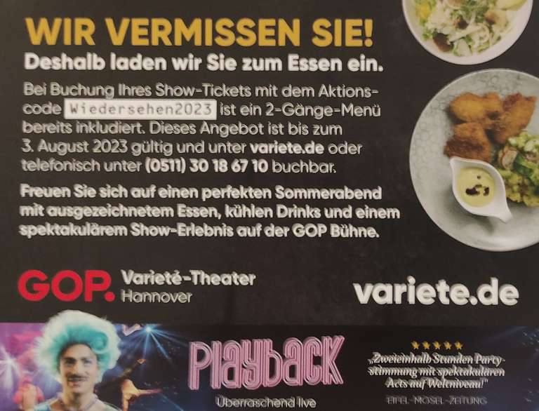 GOP Varieté-Theater Hannover - Show & 2-Gänge-Menü für 46,50€ statt 64,00€