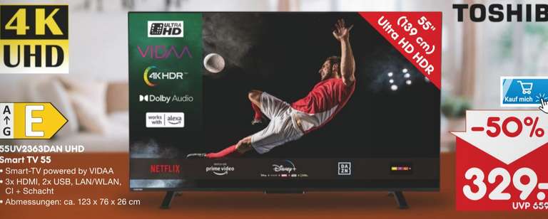 Am 31.05. Toshiba 55UV2363DAN 55 Zoll UHD Smart-TV für 329€ (279,65€ mit 15% Coupon möglich) [Netto]