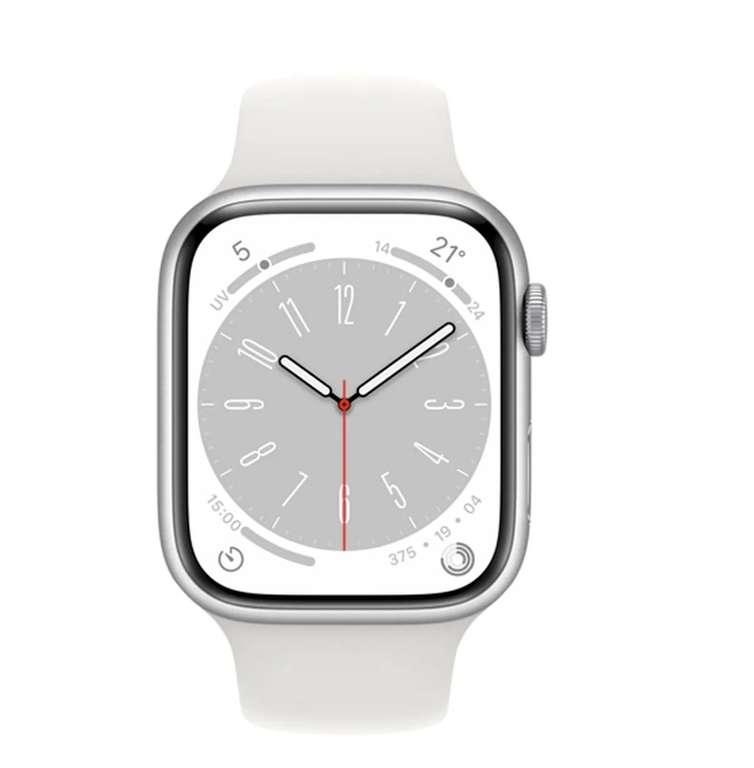 Apple Watch Series 8+ Cellular 45mm Silber Aluminium (Weißes Silikon Armband)