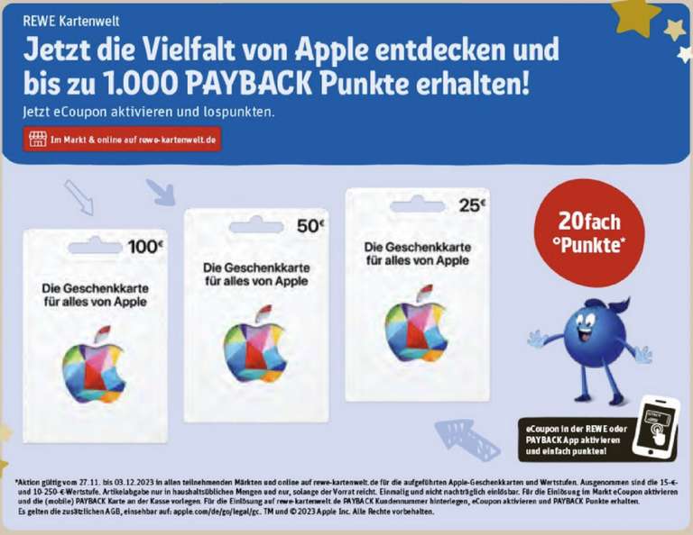 [REWE] 20-Fach Payback Punkte (10%) auf Apple Guthabenkarten | 30-Fach auf NIKE & Google Play | 27.11. - 03.12.2023