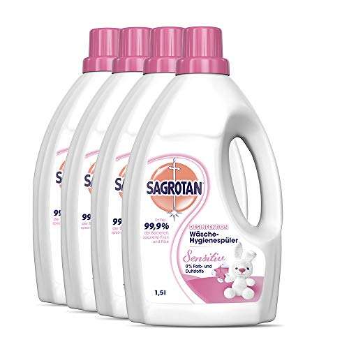 [PRIME/Sparabo] 4er Pack Sagrotan Wäsche-Hygienespüler Sensitiv 0% – Desinfektionsspüler für hygienisch saubere Wäsche, 4x1,5l (2,61€/Stück)