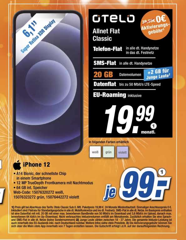 [Lokal Expert Brumberg] iPhone 12 64 GB (99€ Zz) / 12 mini (1€ Zz) mit Otelo Allnet Flat Classic 20 GB LTE für 19,99 € mtl. (Menden, Kamen)